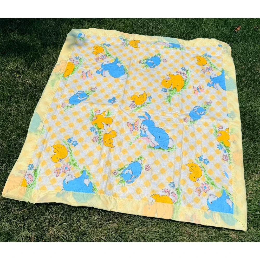 Vtg Beacon Baby Blanket Acrylic 1980s Yellow Blue Silkie Satin Trim Ducks Bunny